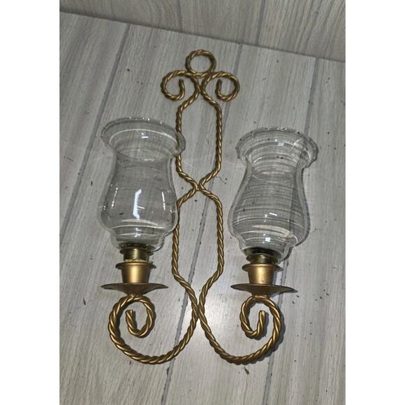 Vintage Gold Twisted Rope Wall Sconce Double Candle Holder Clear Votives - Picture 1 of 4